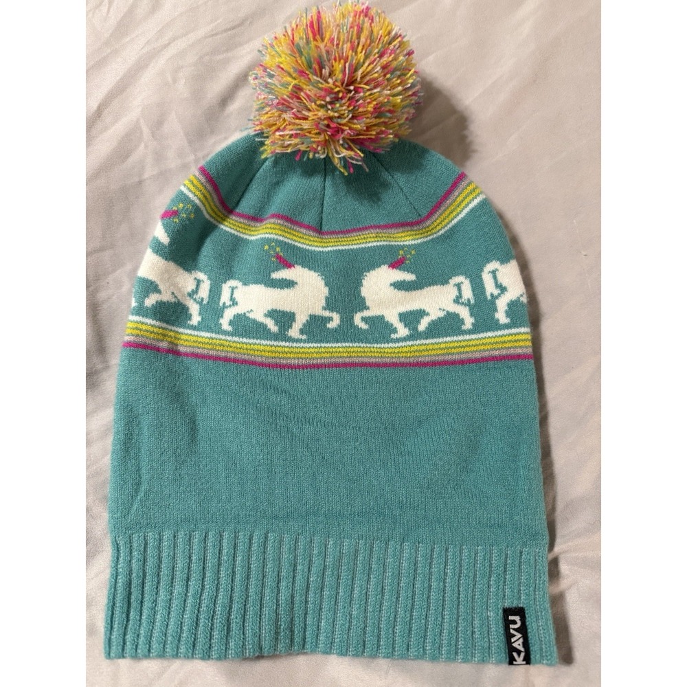 KAVU Cuffed Beanie Hat Unicorns Teal Pink Pom Pom Winter Ski Snowboard Hike Logo